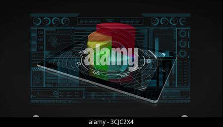Displaying tablet projecting segmented 3D pie chart in dark tech space with gridlines and dashboard Stock Photo