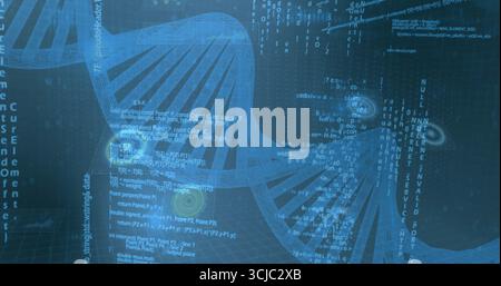 Floating translucent blue DNA helix rotating in cyberspace, with code lines and data vortices Stock Photo