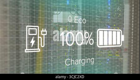 Displaying charging overlay over server racks in data center, with eco 100% battery and bolt icons Stock Photo