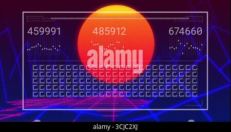 Displaying interface panel with metrics, charts and grid over neon plane, behind glowing sun Stock Photo