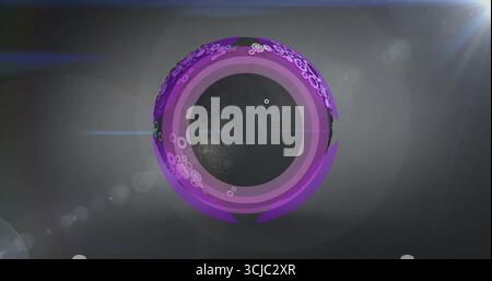 Showing sphere hovering in virtual space, with purple rings cogwheels, light streaks and lens flare Stock Photo