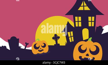 Playful and colorful Halloween background illustration featuring cute pumpkin, haunted house silhouette, full moon, and cemetery against pink sky Stock Vector