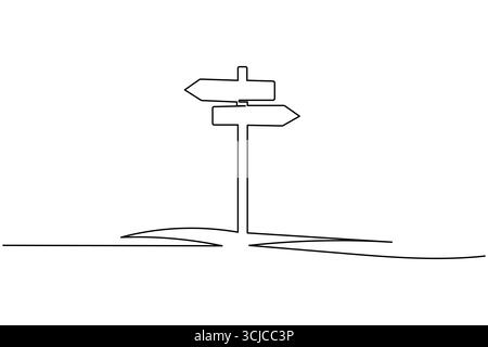 One line drawing of road directional signpost with arrows showing travel and navigation directions Stock Vector