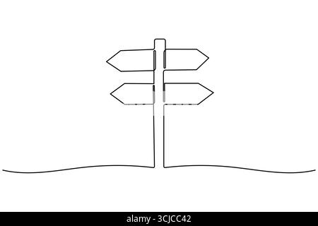 One line drawing of road directional signpost with arrows showing travel and navigation directions Stock Vector