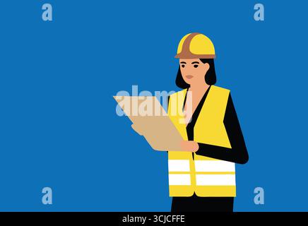 A female construction worker of Middle Eastern descent is checking construction plans while wearing a safety vest and hard hat. The background is a so Stock Photo