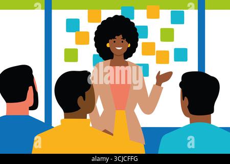 A confident black woman is presenting ideas to a group of attentive male colleagues in a creative workspace. Colorful sticky notes decorate the backgr Stock Photo