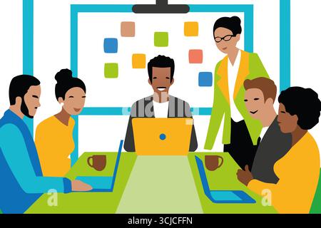 Six diverse individuals engage in a collaborative brainstorming session. They share ideas while working on laptops in a vibrant office space decorated Stock Photo