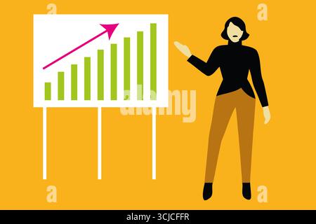 A businesswoman stands confidently beside a chart displaying an upward trend in green bars against a bright yellow background. She gestures as if expl Stock Photo