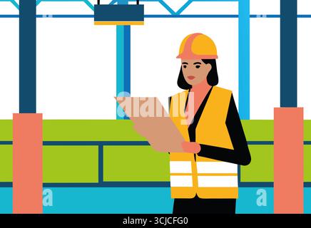 A woman wearing a hard hat and safety vest, examines plans while standing in a vibrant construction site filled with equipment. Stock Photo