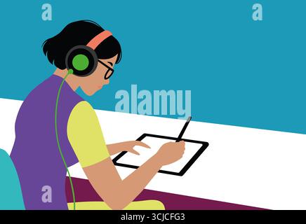 A young woman with headphones focused on creating digital art on a tablet. The colorful workspace environment enhances her creative process, showcasin Stock Photo