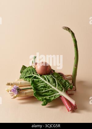 A collection of fresh vegetables, including asparagus, leafy greens, onion, and chive flowers, artfully arranged on a neutral beige background, showca Stock Photo