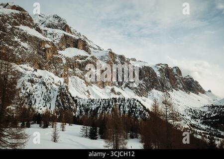 Majestic winter landscape of the Dolomites in Italy, showcasing snow-covered peaks and serene pine forests under a vast, cloudy sky, highlighting natu Stock Photo