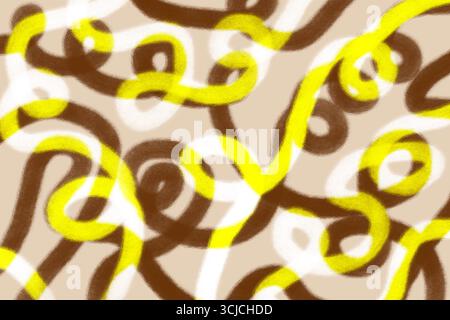 A dynamic abstract illustration featuring wavy lines and spiral patterns in vibrant yellow and brown hues. The design blends modern and retro influenc Stock Photo