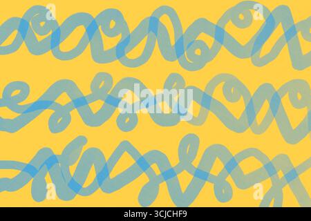 Illustration of abstract optical art with blue, wavy geometric patterns against a vibrant yellow background. The rhythmic design creates a dynamic and Stock Photo