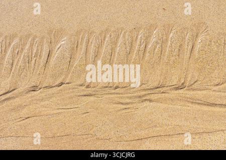 The image captures intricate sand patterns formed by ocean tides, highlighting their delicate textures. A perfect representation of natural beach arti Stock Photo