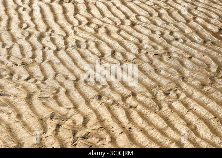 Close-up of rippled sand texture on a beach, creating natural, artistic patterns. This abstract background showcases the unique shapes formed by wind Stock Photo