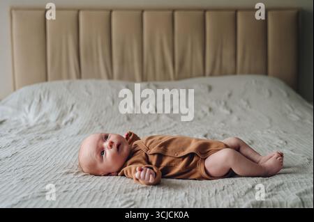 A serene one-month-old newborn baby peacefully rests on a comfortable bed, showcasing the innocence and tranquility of early infancy in a cozy indoor Stock Photo