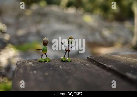 Close-up of two small handmade figures crafted using acorns on a wooden table outdoors. The natural background features soft, blurred greenery and bok Stock Photo