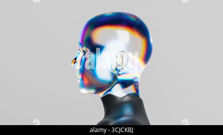 A humanoid with a transparent glass texture stands in profile, embodying artificial intelligence, illuminated in a modern environment. Stock Photo