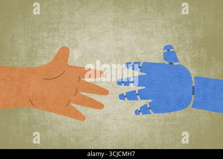 An illustration depicting a human hand reaching out to a robotic hand, symbolizing the collaboration between humans and artificial intelligence in mod Stock Photo