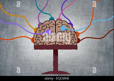 An artistic illustration depicting artificial intelligence through a stylized brain connected with colorful wires, symbolizing data flow and technolog Stock Photo