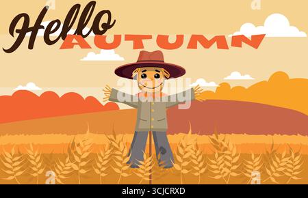 Hello Autumn seasonal design, countryside scarecrow in a rustic earthy fall colour scheme Stock Vector