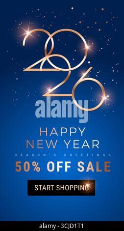 2026 Happy New Year Sale shining vertical template for social media posts, web banners, posters, rollups. Blue and golden modern design. Vector illust Stock Vector