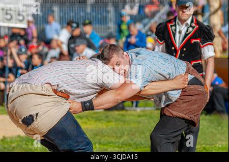 Swiss wrestlers fighting at the NOS 2012 in Silvaplana, Switzerland Stock Photo