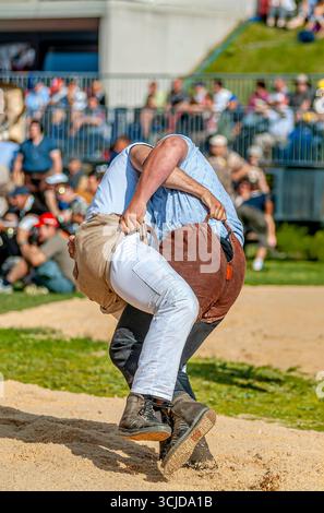 Swiss wrestlers fighting at the NOS 2012 in Silvaplana, Switzerland Stock Photo