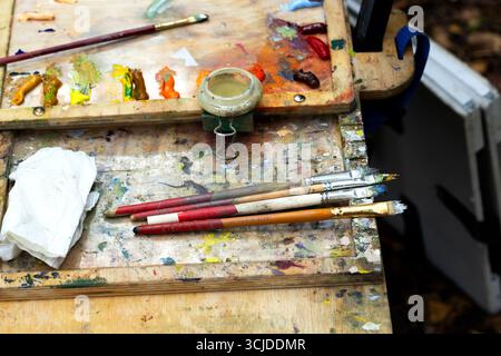 The artist mixes multi-colored paints on a palette for drawing. A palette with paints and brushes for drawing. Stock Photo