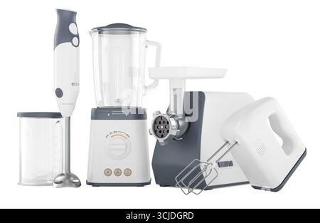 Immersion blender, countertop blender, electric meat grinder and hand mixer, set of kitchen appliances. 3D rendering isolated on white background Stock Photo