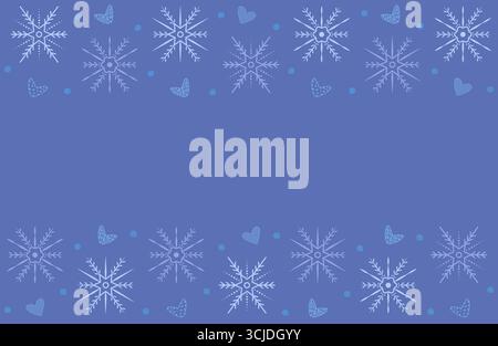 Blue background snowflakes in the sky, vector winter backdrop with falling snow and hearts, snowfall wallpaper, cold icy snowstorm banner Stock Vector