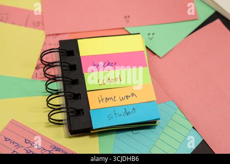 sticky notes with the words teacher, student, school, homework with more colored paper behind them Stock Photo