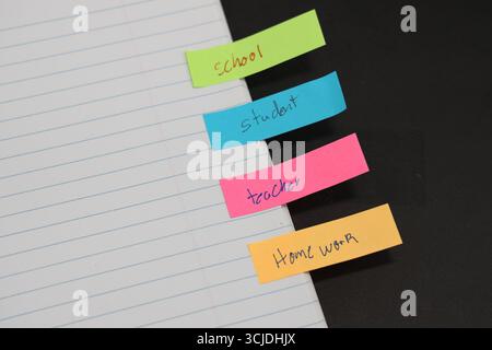 sticky notes stuck to a school notebook written on them student teacher school homework Stock Photo