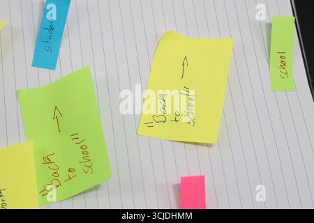 sticky notes stuck to a school notebook written on them student teacher school homework Stock Photo