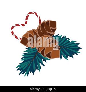 Coniferous branches with pine cones and lollipops in white and red stripes. Christmas composition. Vector illustration for holiday cards, winter Stock Vector