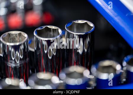Close-Up of Chrome Socket Set in Toolbox Stock Photo