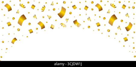 Gold falling serpentine and confetti background in arc shape. Shiny aesthetic banner. Vector festive sparkling golden backdrop Stock Vector