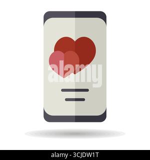 Smartphone with two hearts on the screen isolated icon. Vector illustration, romance elements. Sticker, patch, badge, card for marriage, valentine Stock Vector