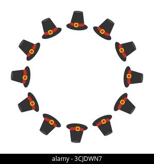 Round frame of Pilgrim hats. Thanksgiving design. Isolated white background. Vector illustration in flat style. Stock Vector