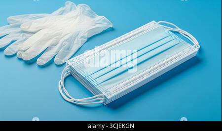 Disposable gloves and stack of medical masks made of non-woven material with white rubber bands on a blue background Stock Photo
