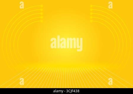 A vibrant yellow gradient background features a perspective grid of white lines at the bottom and glowing yellow arcs on the sides, suggesting a futur Stock Vector