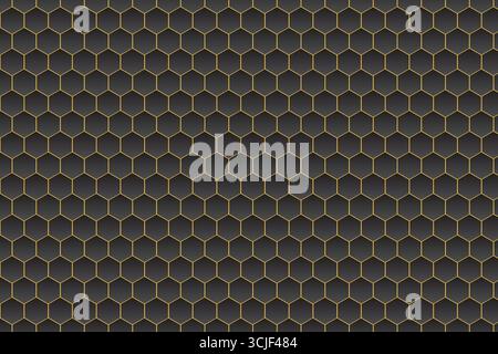 A seamless repeating pattern featuring dark gray hexagons outlined in gold, creating a sophisticated and modern design. The hexagons have a subtle gra Stock Vector