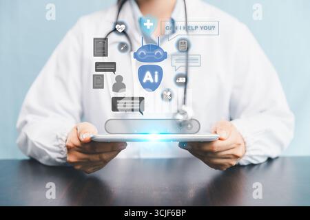 Futuristic concept of smart AI chatbot is healthcare by assisting doctor, supporting medical customer services robotic chat system powered by artifici Stock Photo