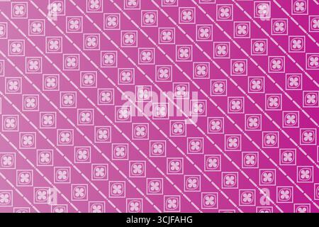 A repeating geometric pattern featuring white clover motifs enclosed in squares, separated by diagonal white lines and dots on a soft pink gradient. Stock Vector