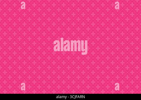 A repeating geometric pattern featuring light pink quatrefoil motifs enclosed in diamond shapes, set against a vibrant, solid pink backdrop. Stock Vector