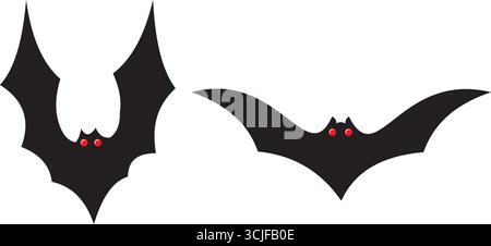 Two minimalist black bat silhouettes are displayed against a stark white background. Each bat features two small, bright red eyes, creating a spooky a Stock Vector