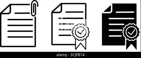 A set of file and document icons, featuring a paper clip for attachments, a certified document with a checkmark ribbon, and an approved document. Stock Vector