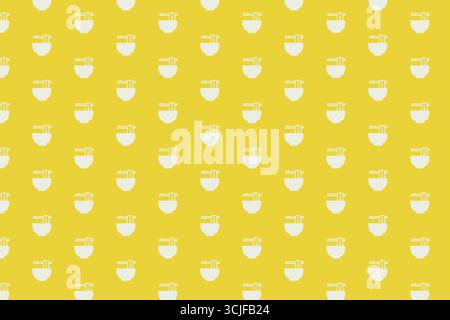 A repeating pattern of white, minimalist noodle bowls with chopsticks is displayed against a vibrant yellow background, creating a playful and appetiz Stock Vector