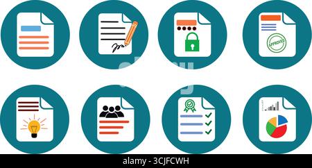 Set of eight colorful document icons in blue circles, representing various files like reports, signed contracts, security, certified papers, and data Stock Vector